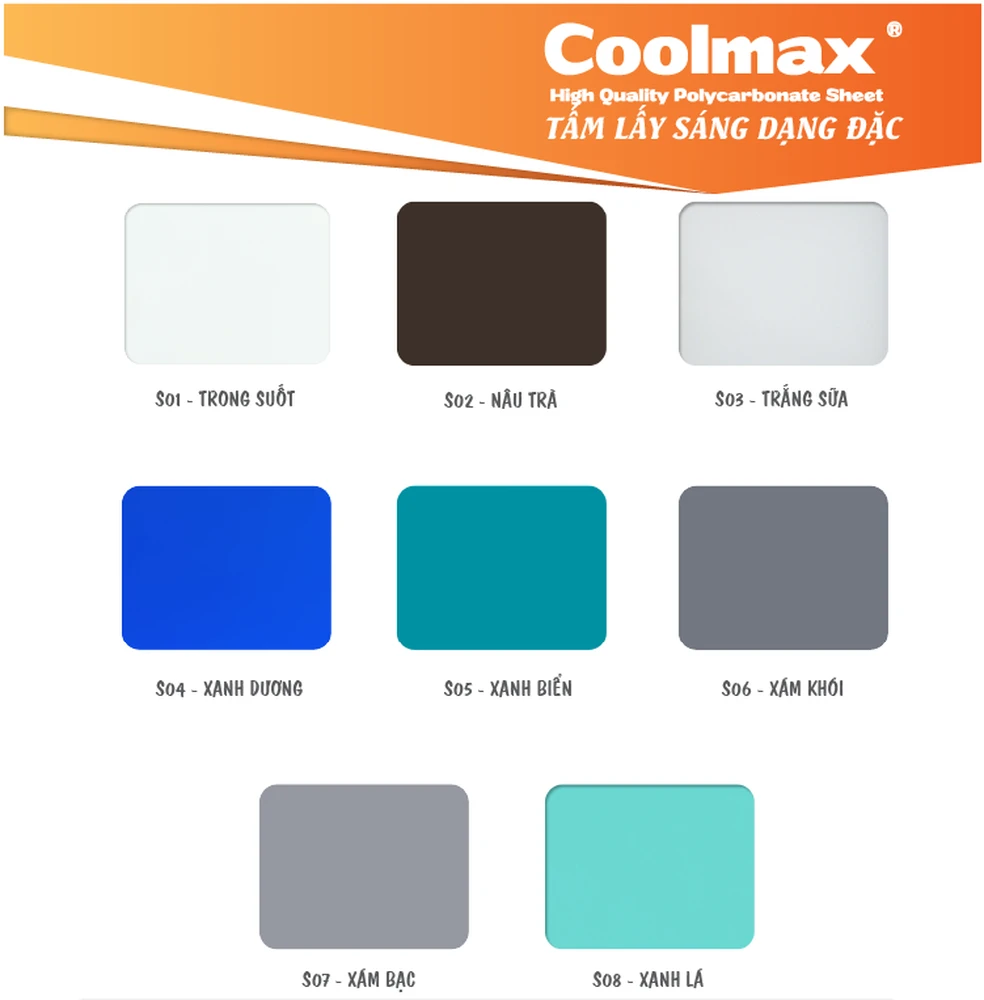 Bảng màu và độ truyền sáng của tấm lợp Poly đặc Coolmax®